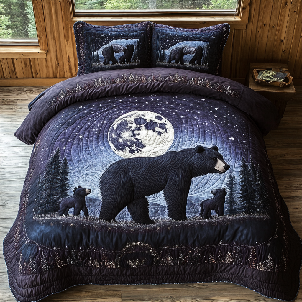 Black Bear Moonlight Quilted Bedding Set Bedspread Set Bear Gifts For Grandma