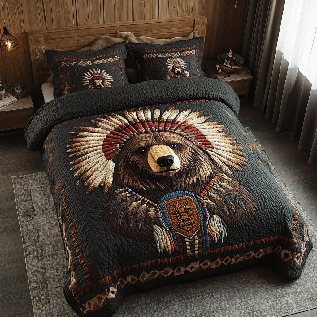 Black Bear Nights Quilted Bedding Set Bed Decor Best Gifts For Hunters
