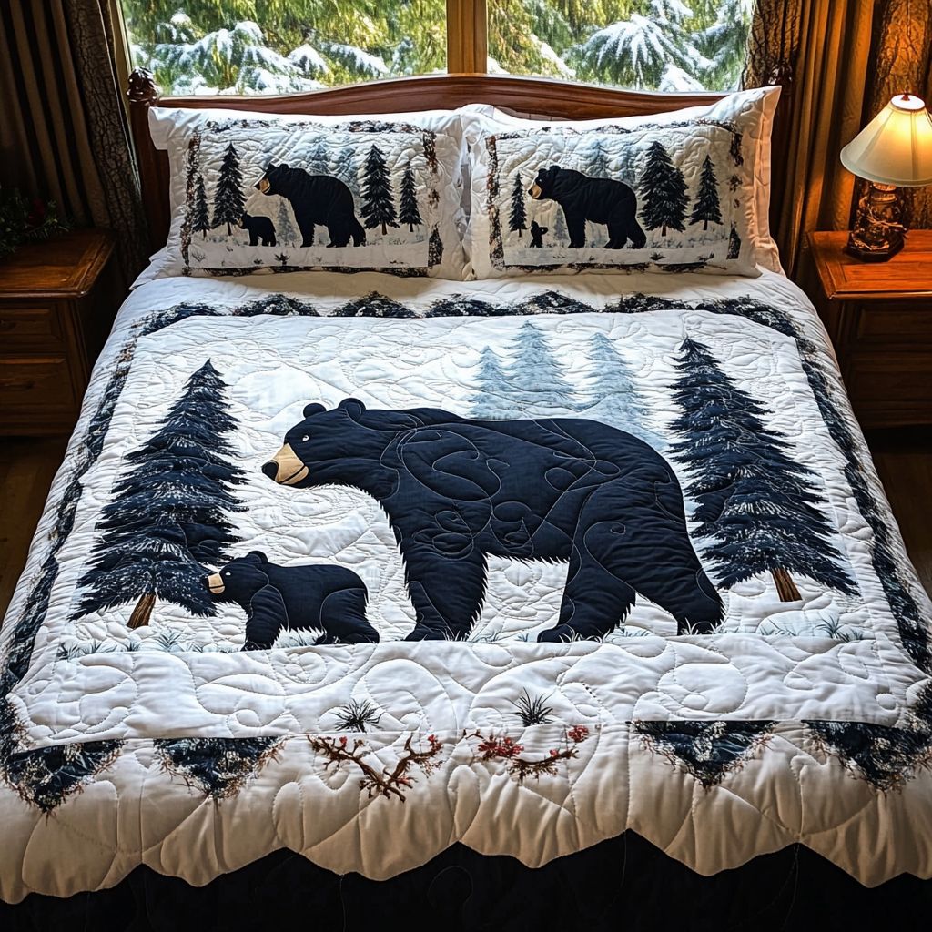 Black Bear Winter Quilted Bedding Set Best Bed Sheet Set Best Gifts For Bear Lovers Men