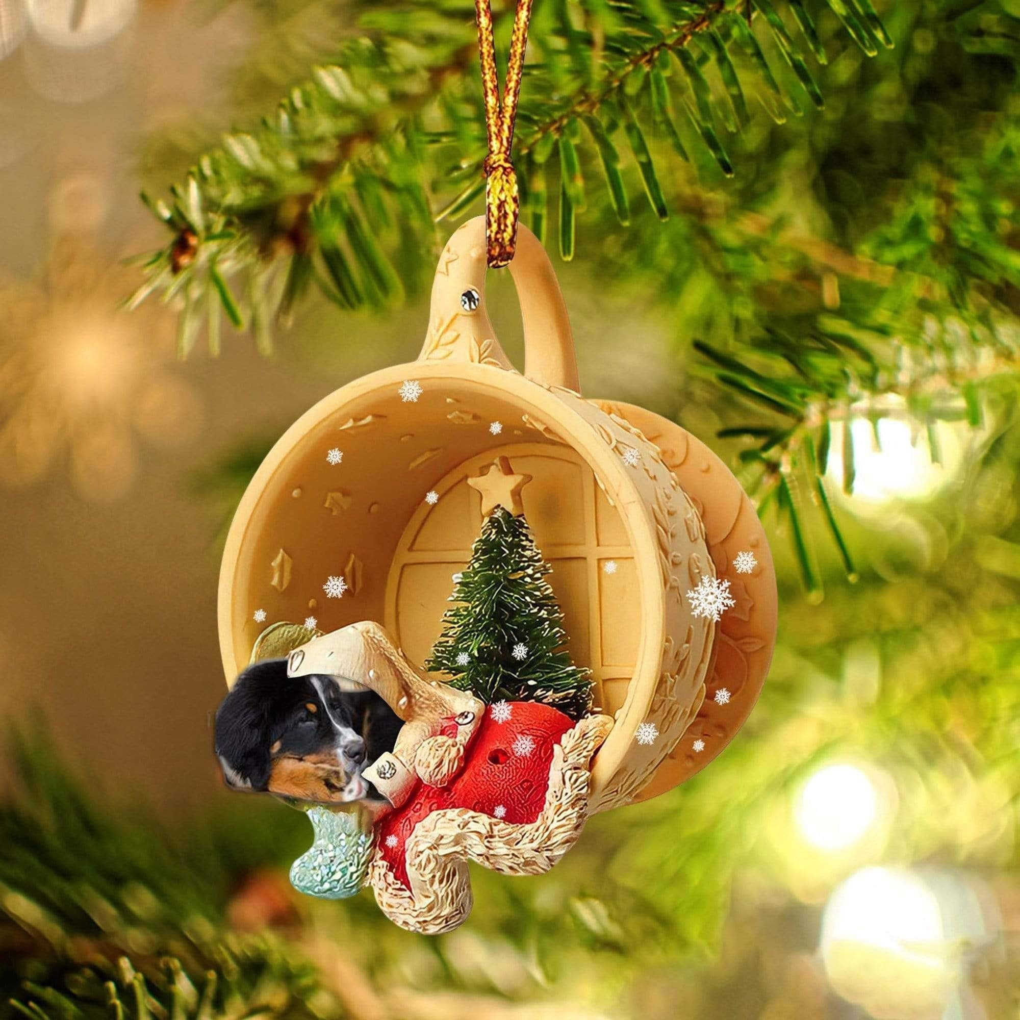 Black Bernese Mountain Sleeping In A Cup Christmas Ornament Flat Acrylic Dog Christmas Ornament