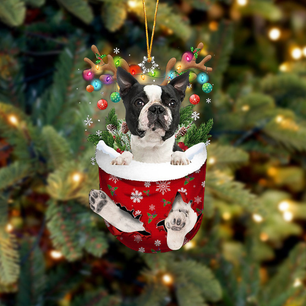 Black Boston Terrier In Snow Pocket Christmas Ornament Flat Acrylic Dog Ornament