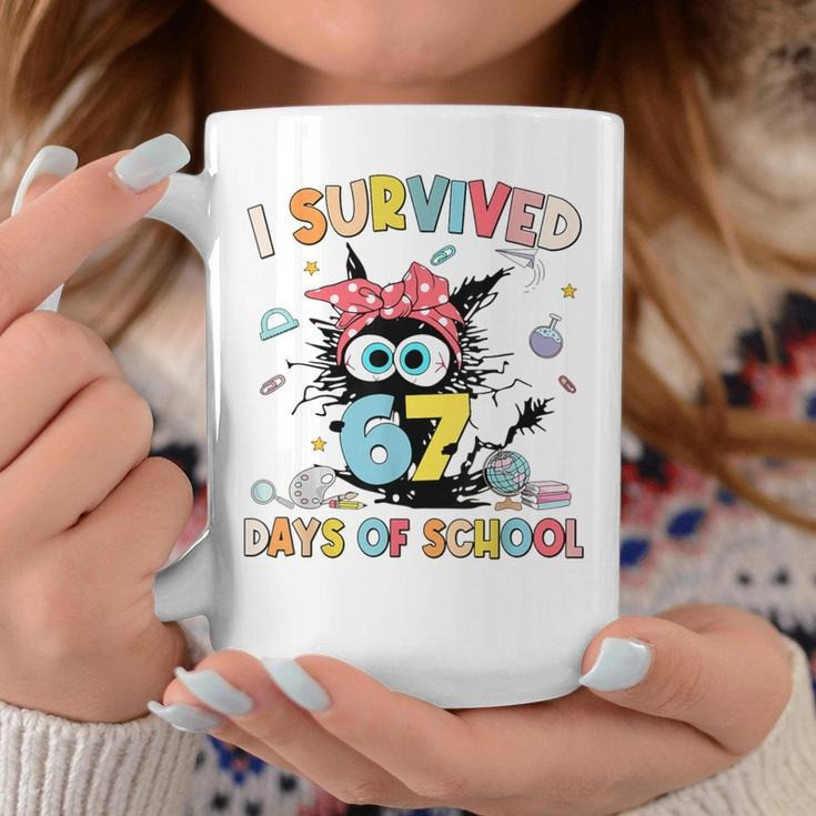 Black Cat 67 Days Of School Mug Funny Teacher Student Merch Gift For Black Cat Lovers