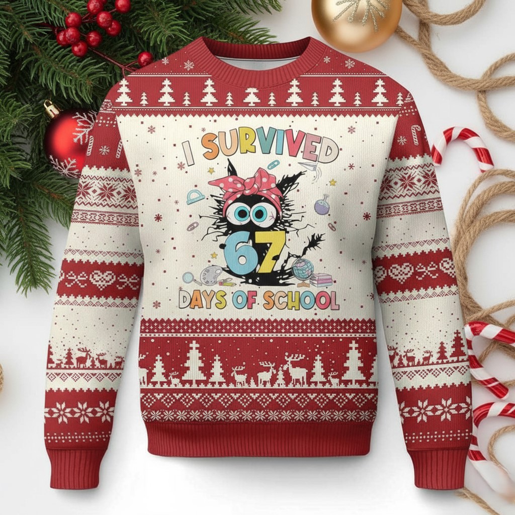 Black Cat 67 Days Of School Ugly Christmas Jumper Humor Merch Gifts For Black Cat Lovers