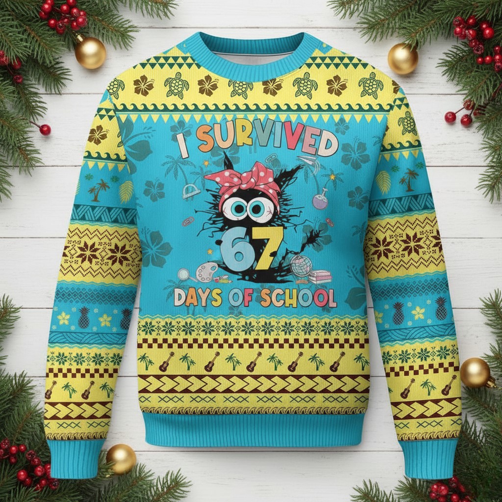 Black Cat 67 Days Of School Ugly Holiday Jumper Teacher Merch Cat Themed Gifts For Xmas