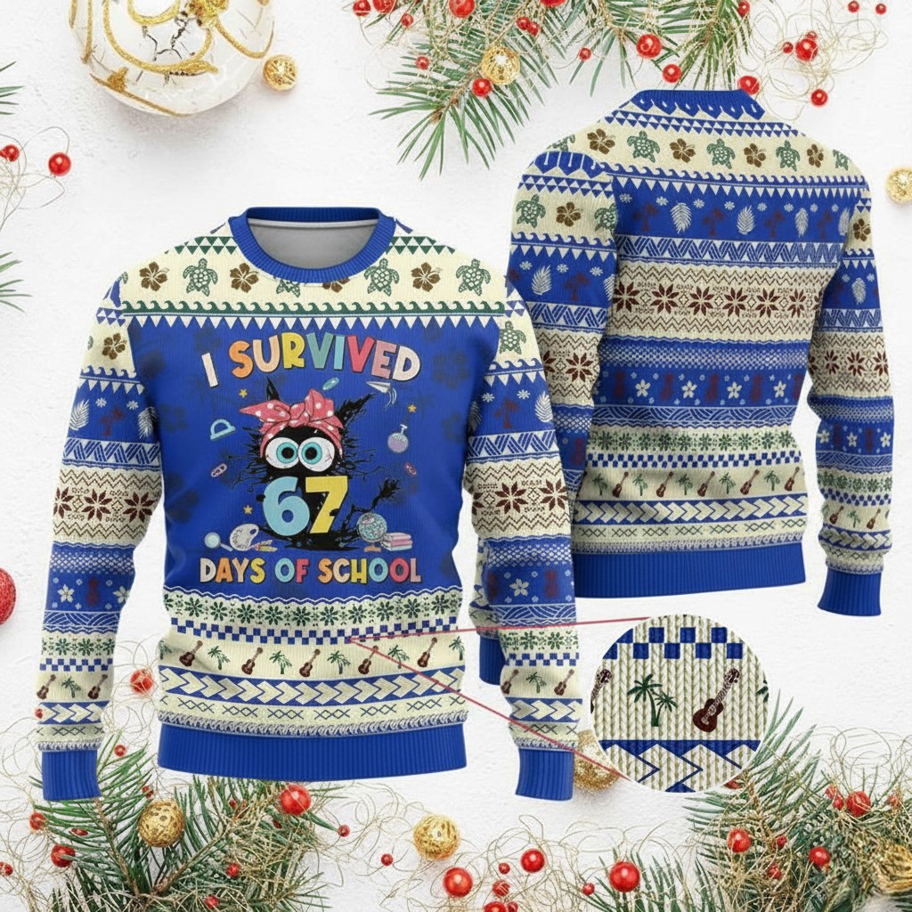 Black Cat 67 Days Of School Ugly Holiday Jumper Teacher Merch Gifts For Black Cat Lovers