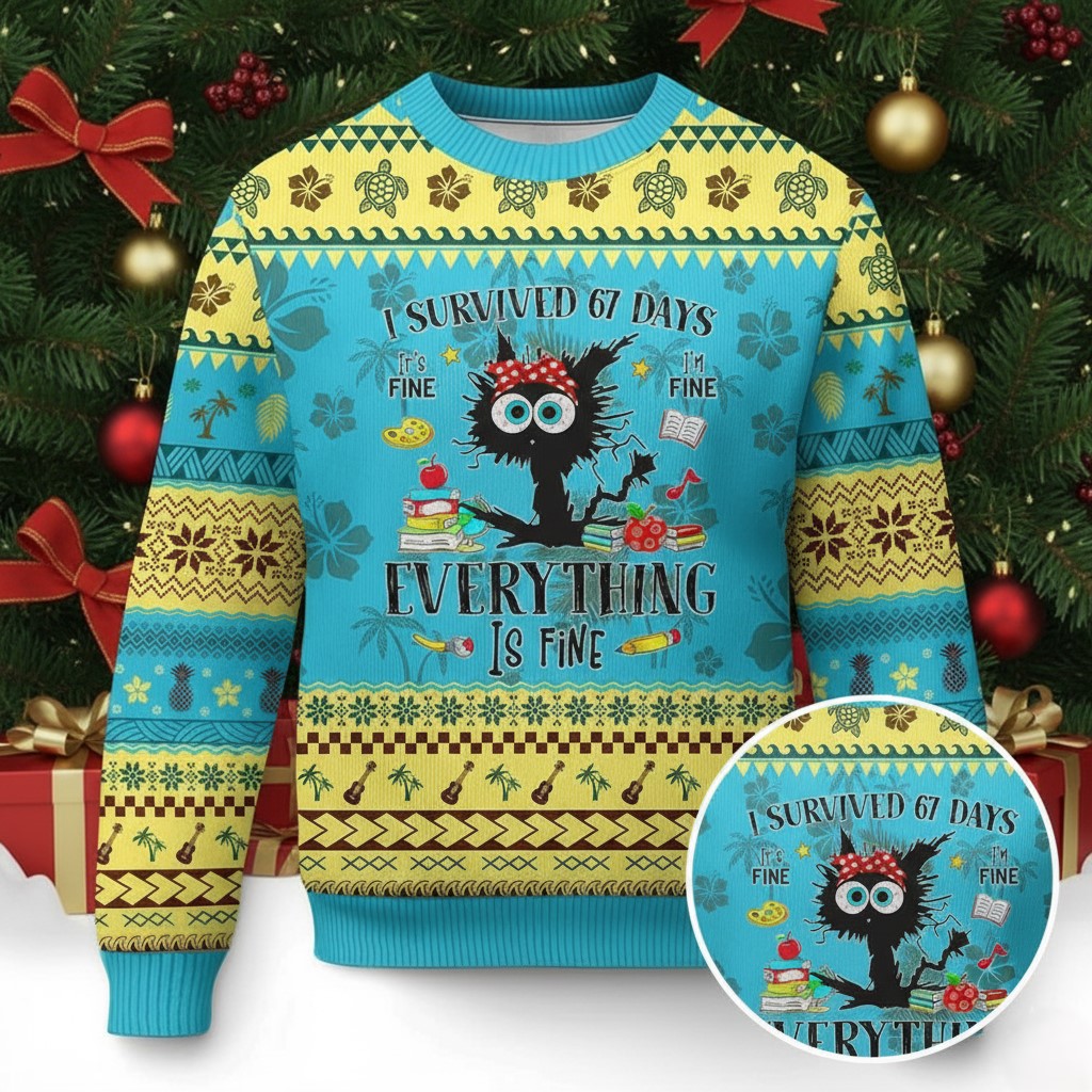 Black Cat 67 Days Ugly Christmas Jumper Everything Is Fine Merch Humor Gifts For Cat Lovers