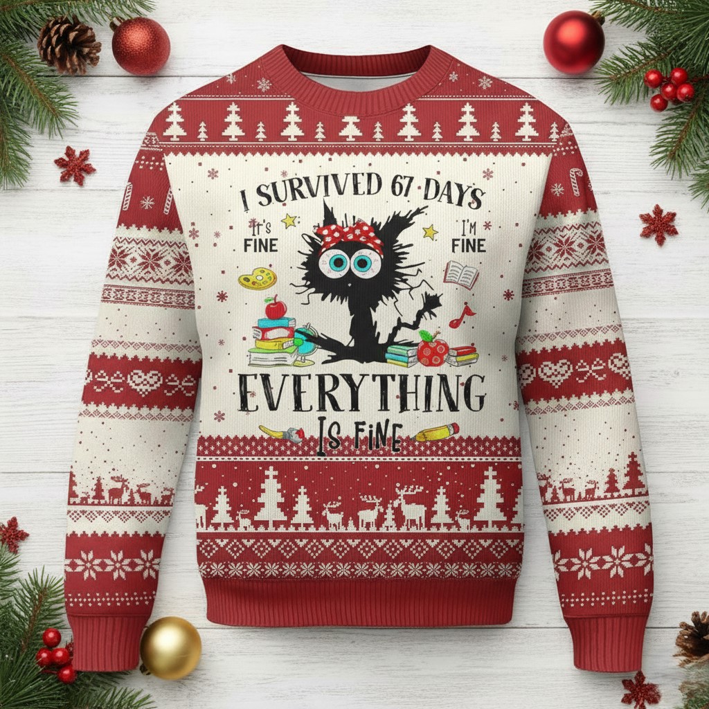Black Cat 67 Days Ugly Christmas Sweater Everything Is Fine Cozy Apparel Cat Gifts For Xmas