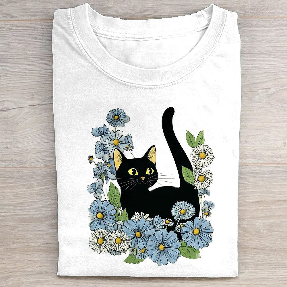Black Cat And Blue Flowers Graphic T-Shirt Cute Cat Lover Tee For Women