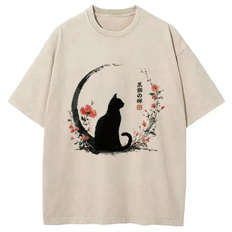 Black Cat And Flowers Washed T-Shirt Soft Cotton Daily Wear Tee Gifts For Besties