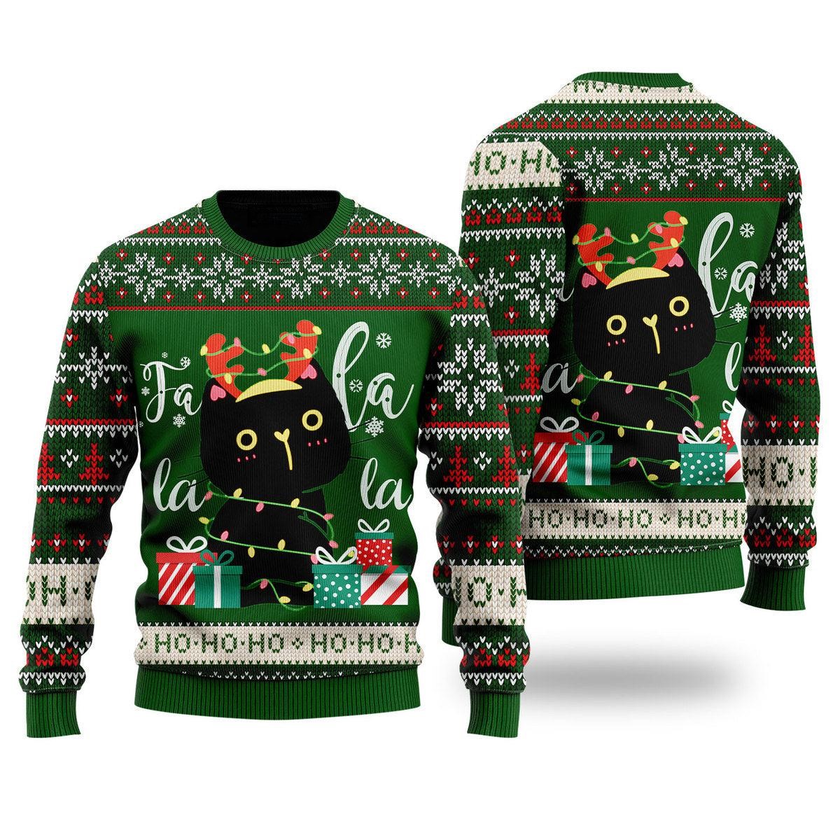 Black Cat And Gift Boxes Falalala Ugly Christmas Sweater Cute Clothes Black Cat Gifts For Her