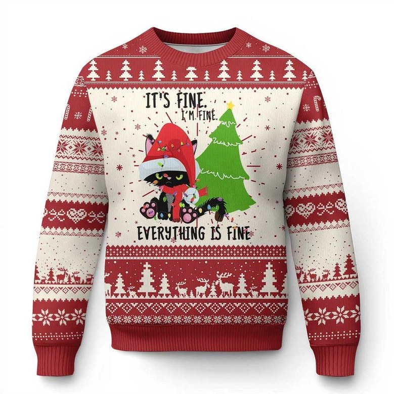 Black Cat And Pine Tree Everything Is Fine Ugly Holiday Sweater Black Cat Gifts For Lady