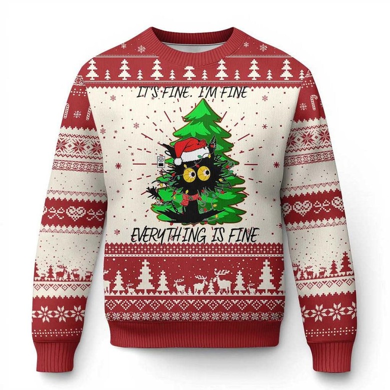 Black Cat And Pine Tree Ugly Holiday Sweater Everything Is Fine Funny Clothes Black Cat Gifts