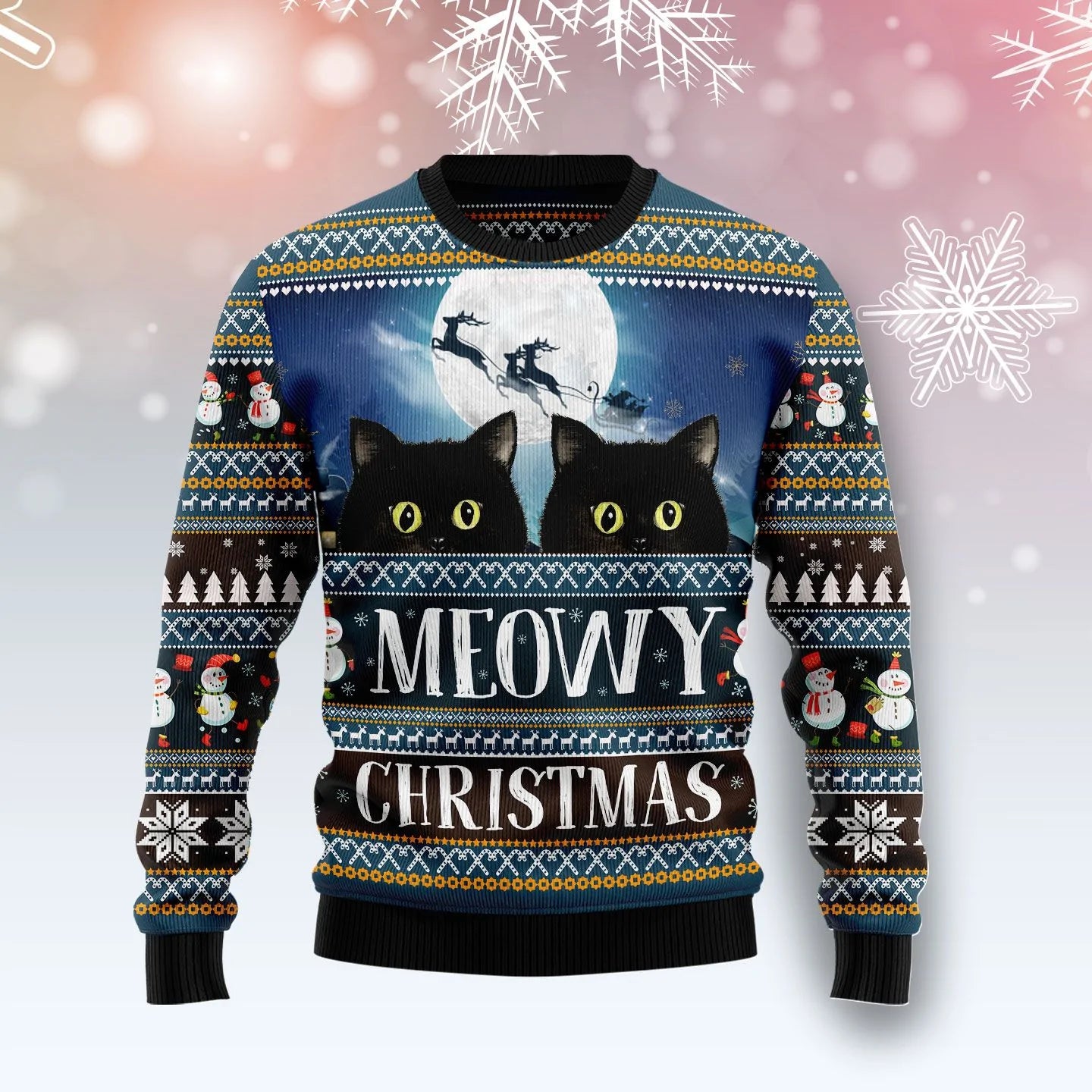 Black Cat And Reindeers Meowy Christmas Ugly Sweater Cute Winter Clothes Gifts For Xmas