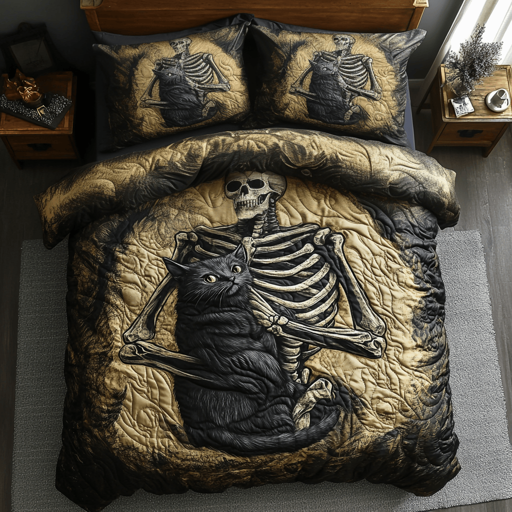 Black Cat And Skull Always With Me Bedding Set Best Halloween Decoration Gift For Friends