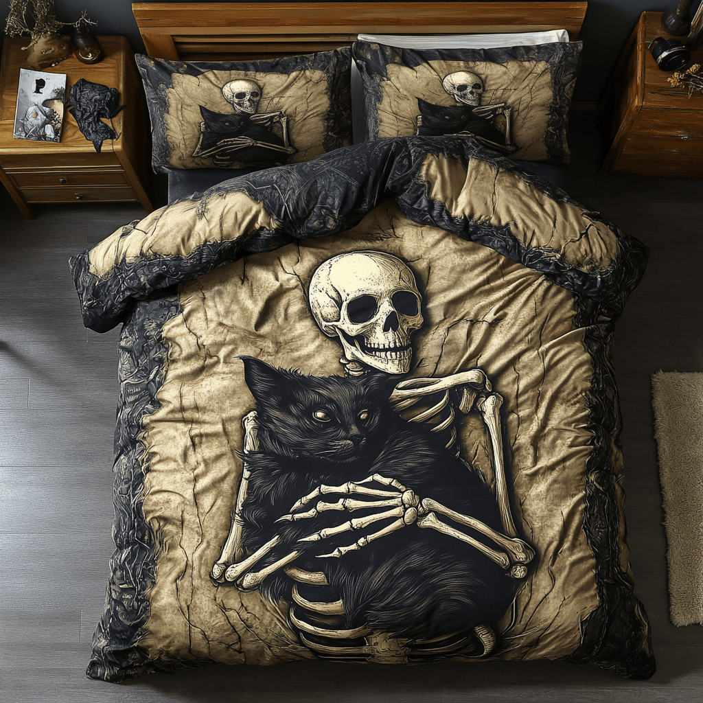 Black Cat And Skull Always With Me Bedding Set Gift For Family and Adults