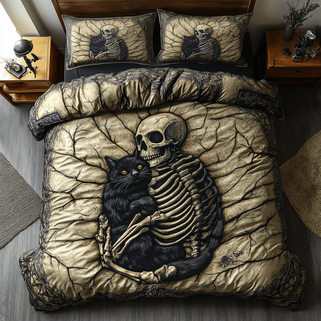 Black Cat And Skull Always With Me Bedding Set Pefect Gift For Friends and Adults