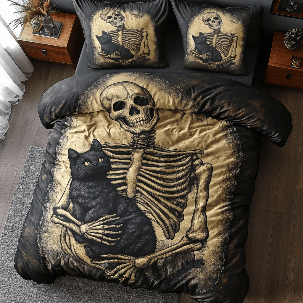 Black Cat And Skull Smile Always With Me Bedding Set Best Halloween Decoration Gift For Friends and Family