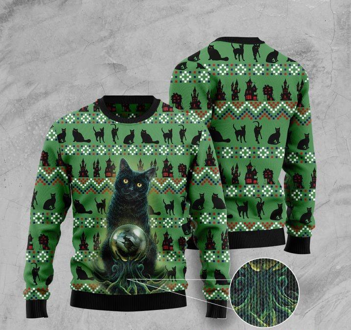 Black Cat And Witch Ugly Christmas Sweater Winter Clothes Gifts For Black Cat Lovers
