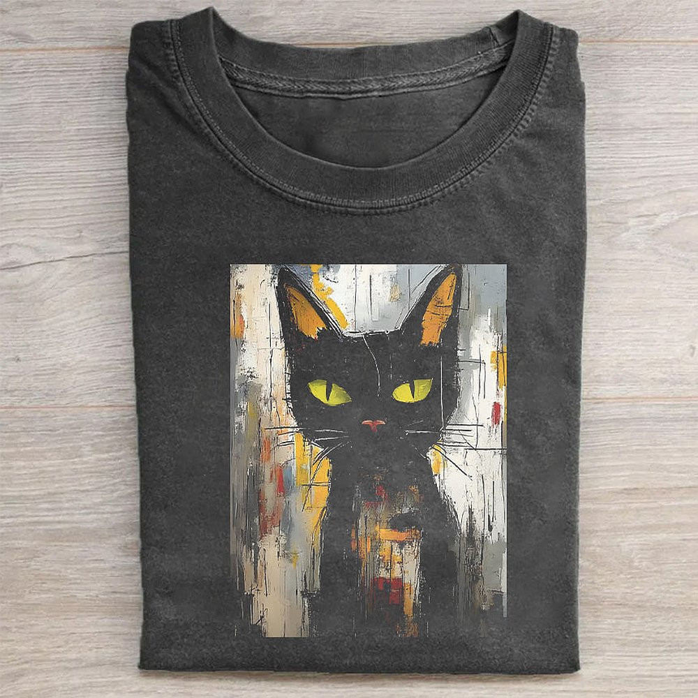Black Cat Art Print Men's Fashion Graphic T-Shirt Stylish Cat Lover Tee For Guys