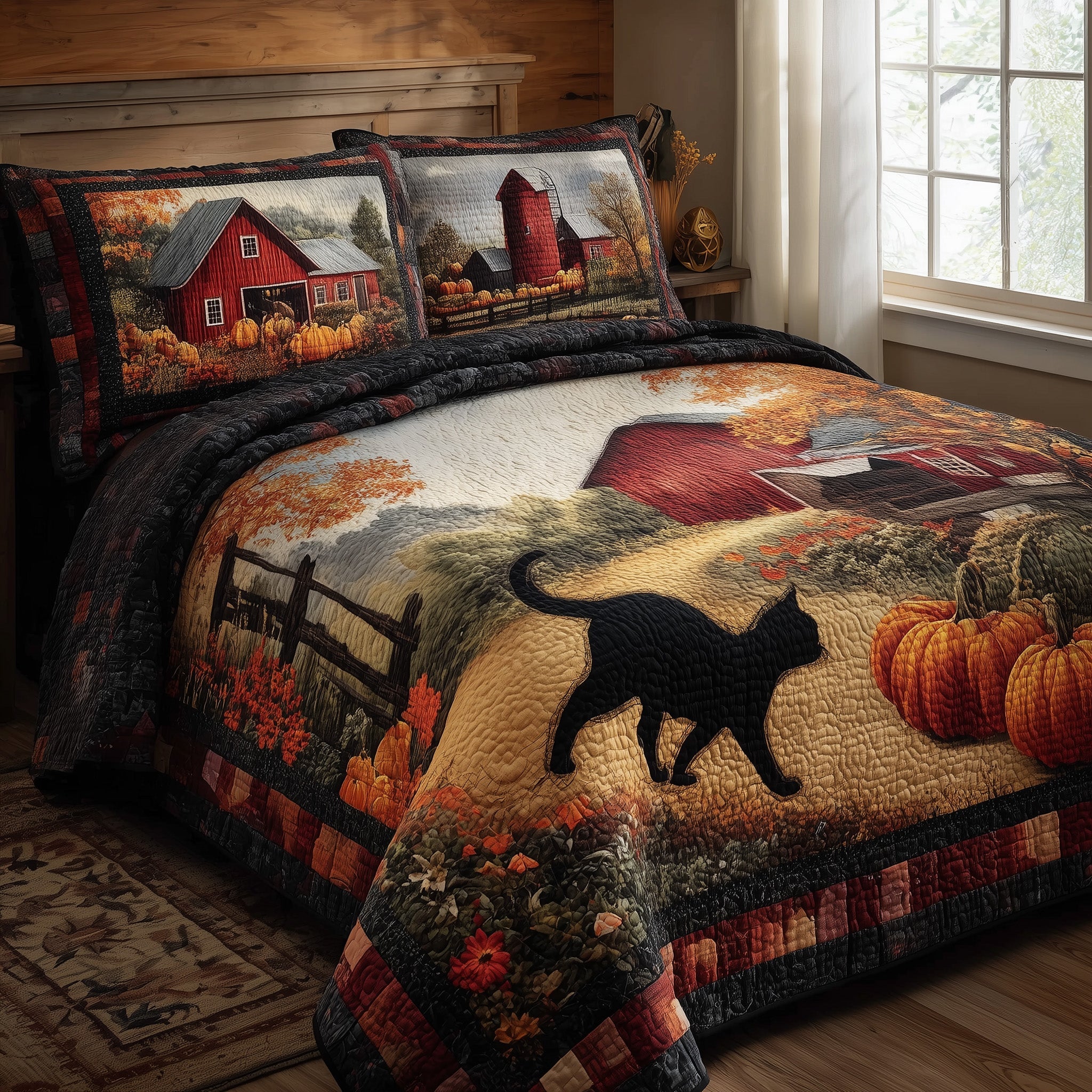 Black Cat Autumn Quilted Bedding Set Breathable