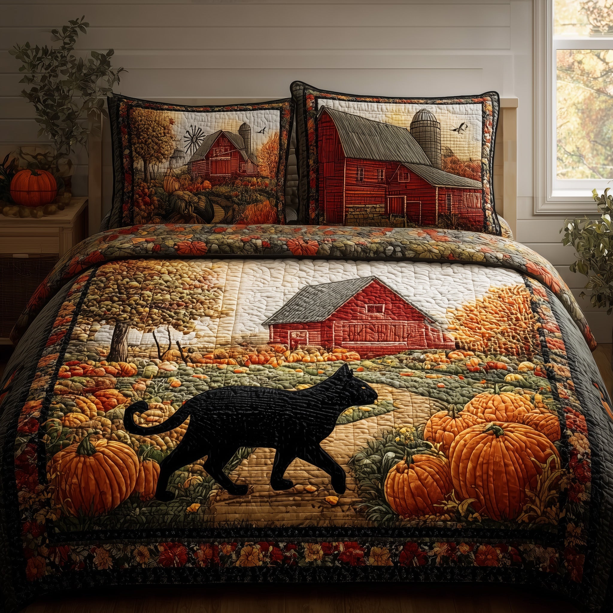 Black Cat Autumn Quilted Bedding Set Machine Washable