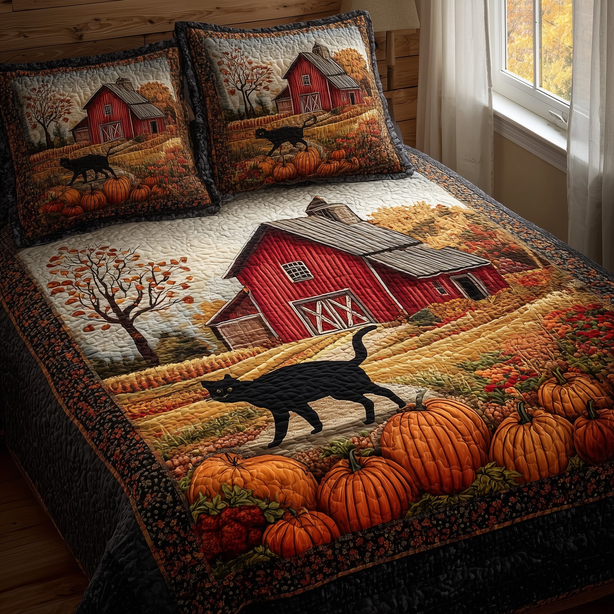 Black Cat Autumn Quilted Bedding Set Microfiber