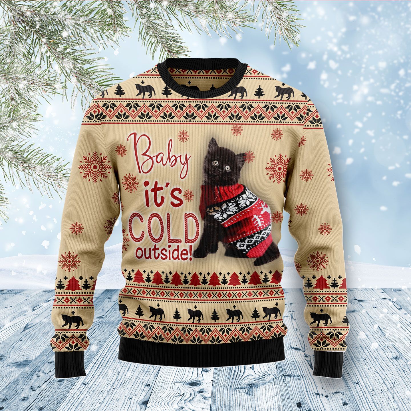 Black Cat Baby It Is Cold Outside Ugly Christmas Sweater Cozy Gifts For Black Cat Owners