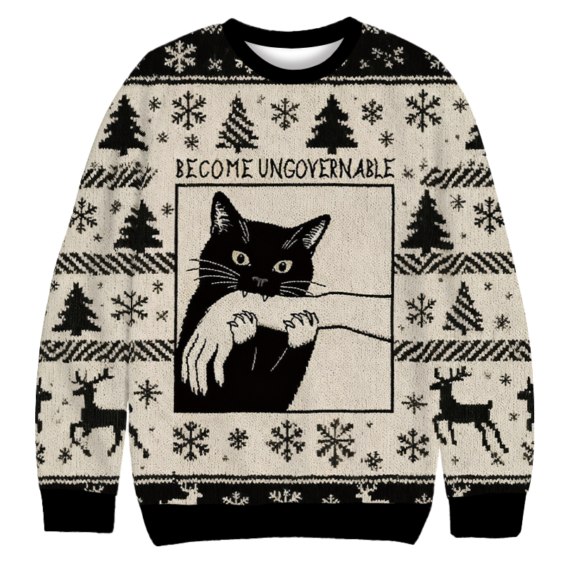 Black Cat Biting Christmas Ugly Sweatshirt Holiday Season Gag Gift Top Black Cat Biting Christmas Ugly Sweatshirt Holiday Season Gag Gift Top