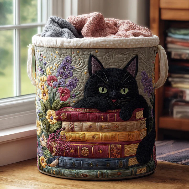 Black Cat Books Quilted Laundry Basket Bookworm Floral Storage Bin Best Gift For Her