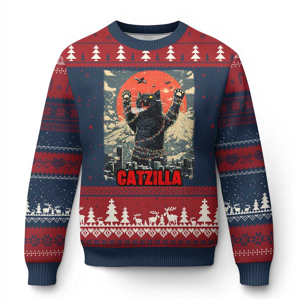 Black Cat Catzilla Ugly Christmas Sweater Best Xmas Sweater Ideas For Cat Owners