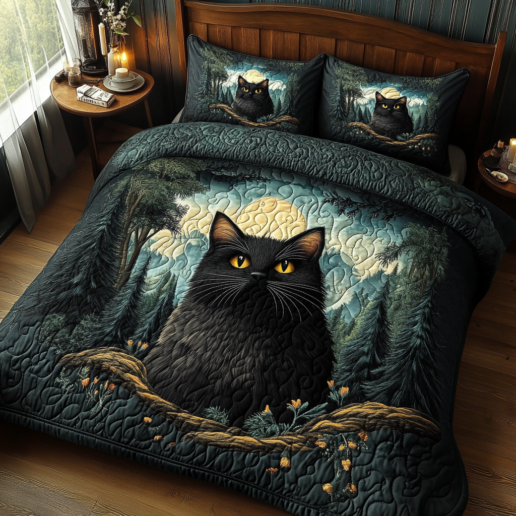 Black Cat Charm Quilted Bedding Set Aesthetic Room Decor Christmas Gifts For Cat Lovers