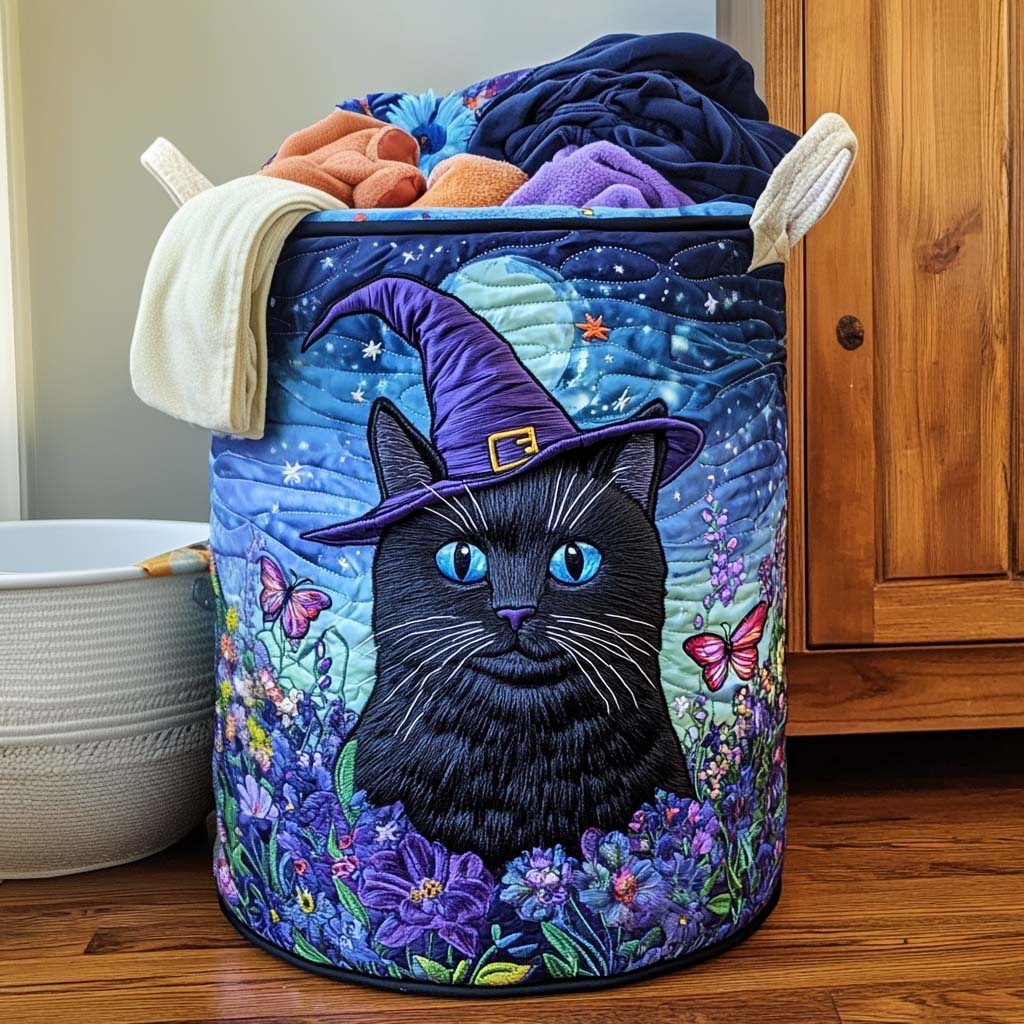 Black Cat Charm Quilted Laundry Basket Merch For Home And Bedroom