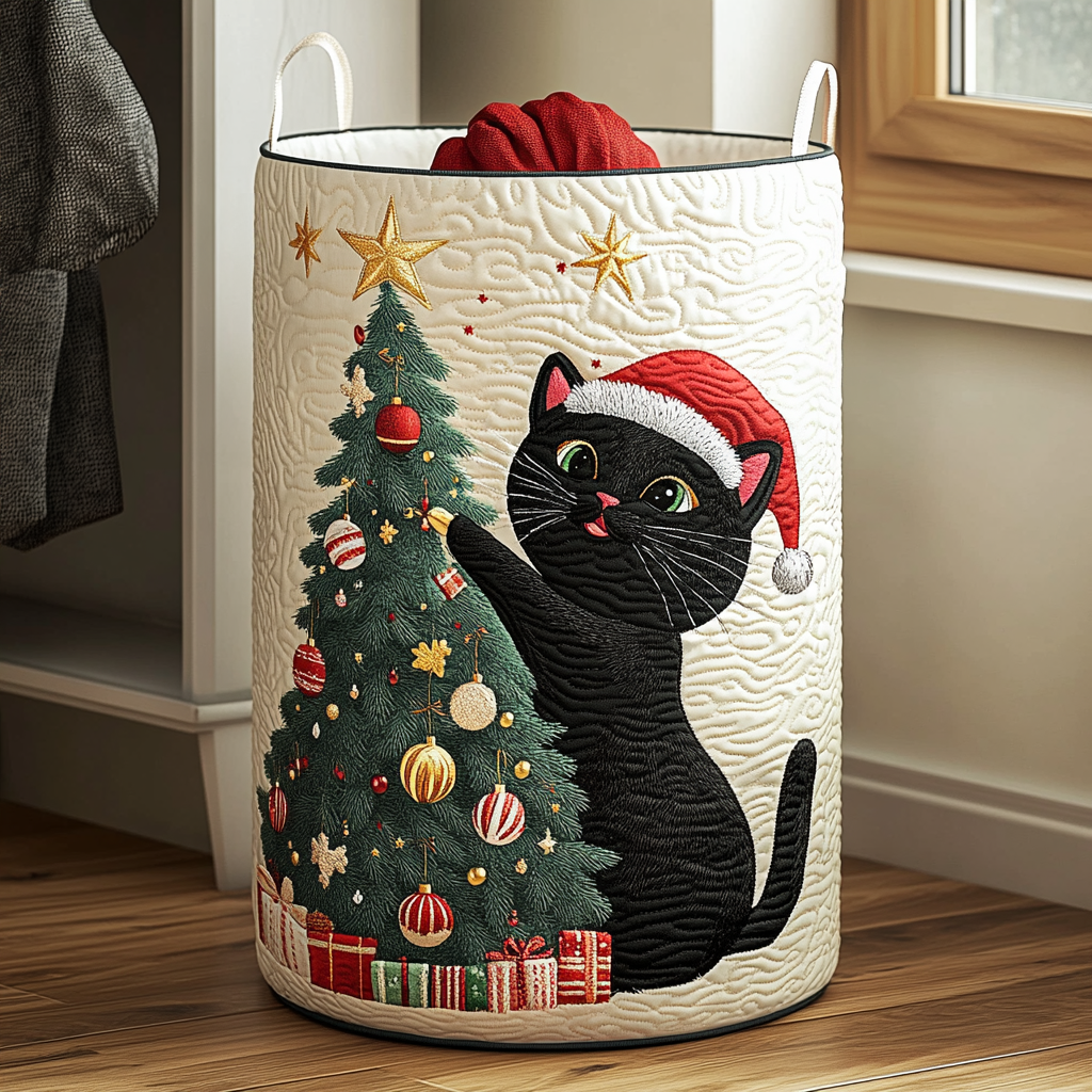 Black Cat Charm Quilted Laundry Basket Mother's Day Merch Gift