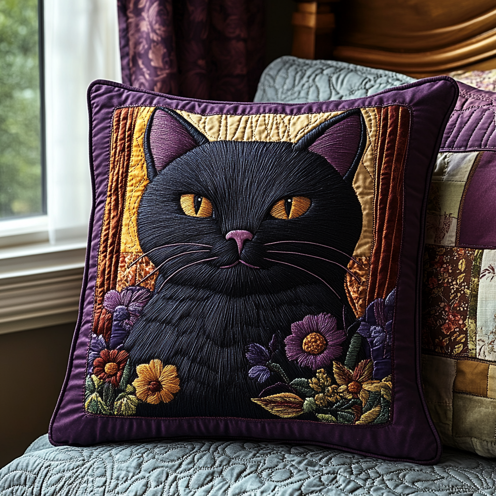 Black Cat Charm Quilted Pillow Case Nice Pillow Covers Cool Gifts Cat Lovers