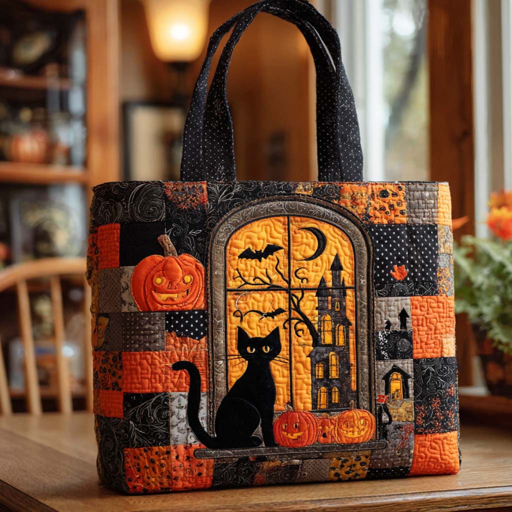 Black Cat Charm Quilted Tote Bag Gift For Halloween