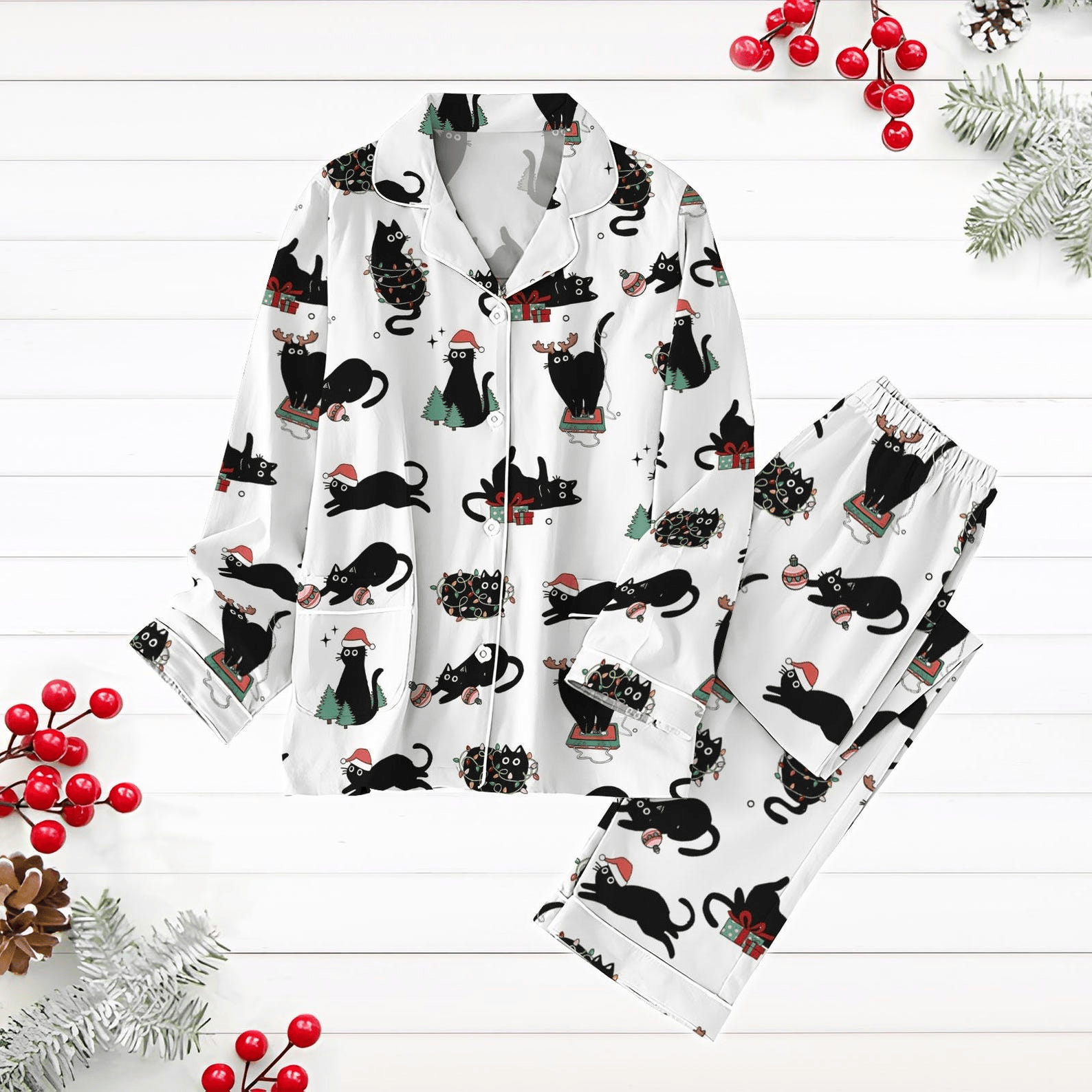 Black Cat Christmas Pajamas Set Santa Hat Cat Shirt Funny Merry Catmas Pjs