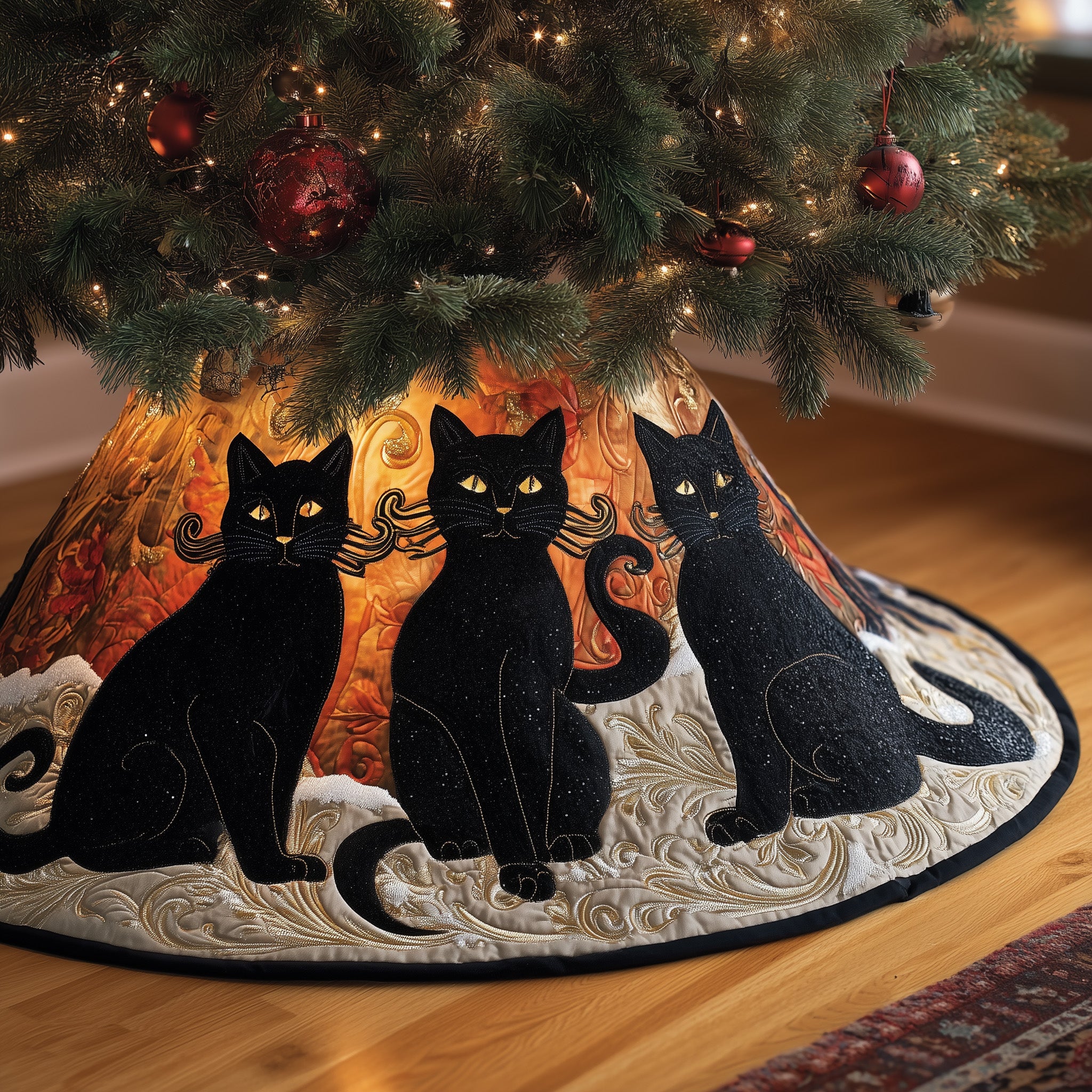 Black Cat Christmas Tree Skirt Elegant Quilted Cat Lover Holiday Decor Gift for Pet Fans