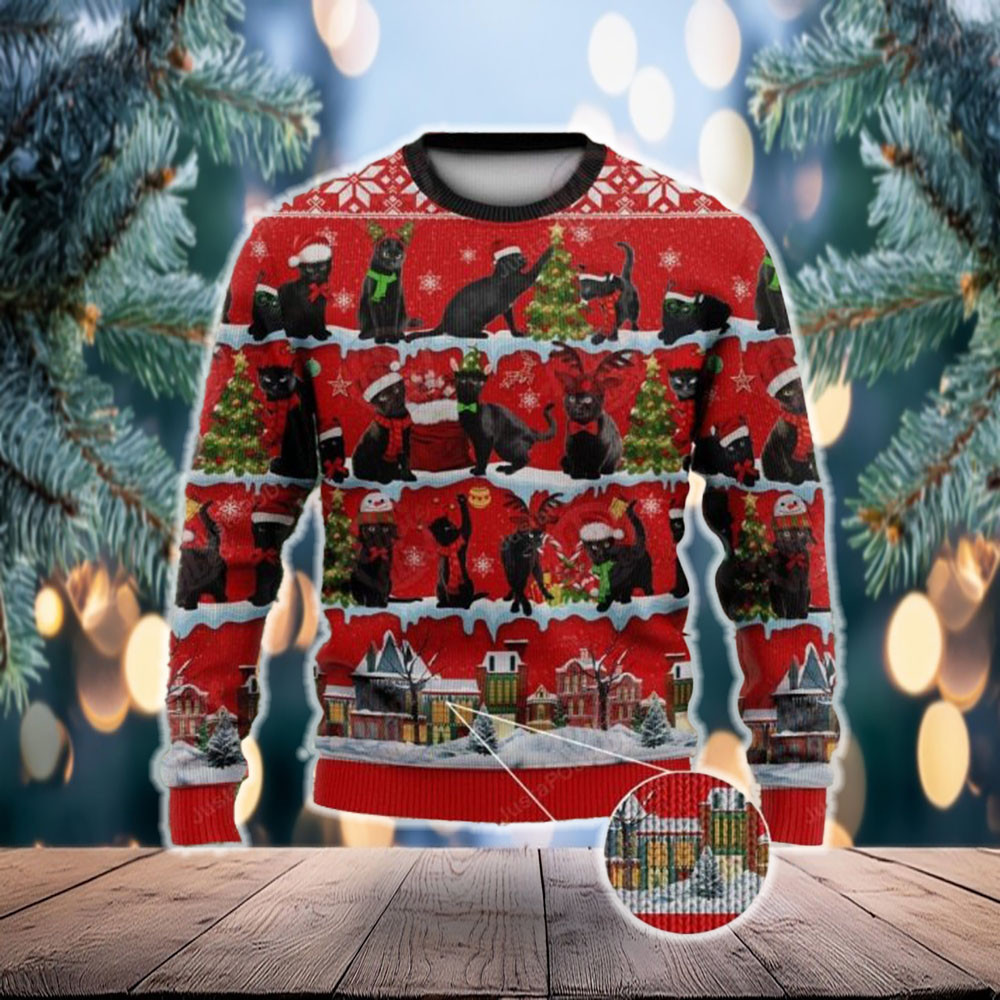 Black Cat Christmas Tree Ugly Sweater Funny Xmas Sweater Gift
