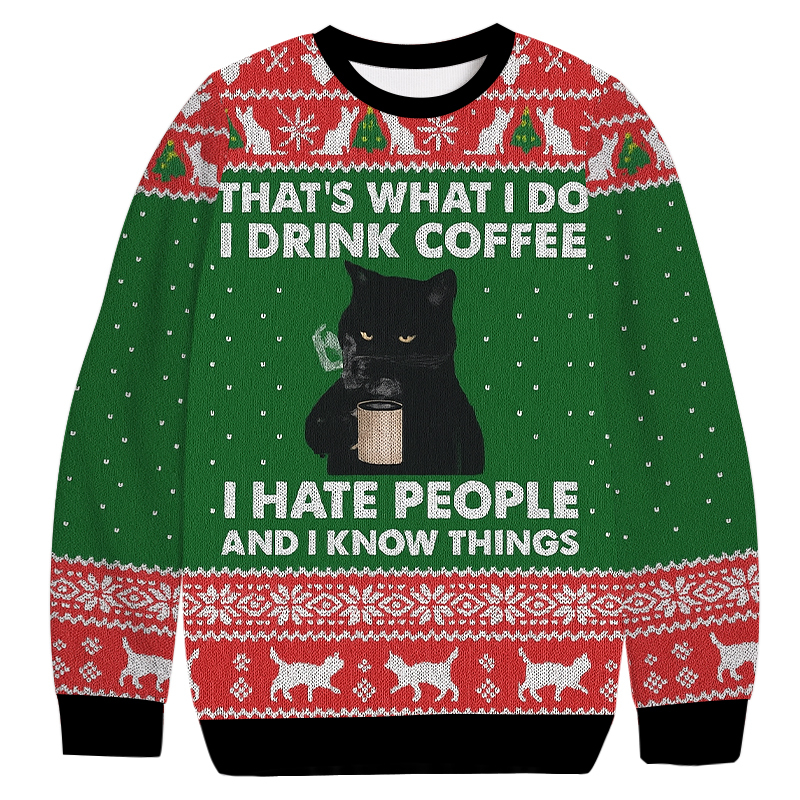 Black Cat Coffee Christmas Ugly Sweatshirt Funny Christmas Holiday Sweater Gift Ideas