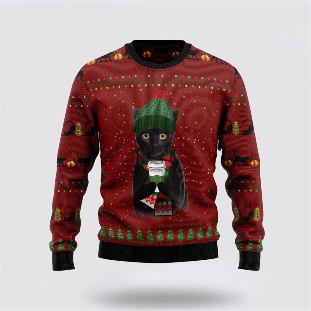 Black Cat Coffee Ugly Christmas Sweater Unisex Funny Christmas Sweater