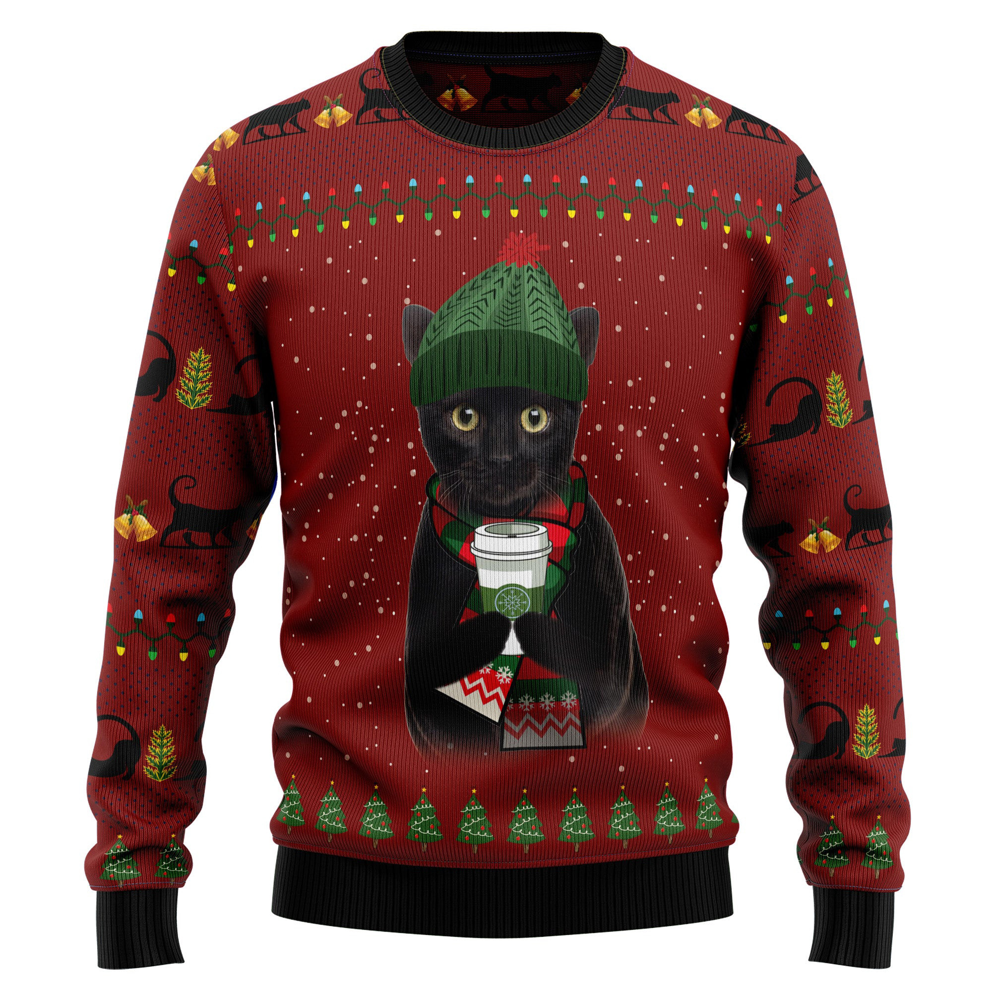 Black Cat Coffee Ugly Christmas Sweatshirt Holiday Clothing Best Gifts For Cat Owners