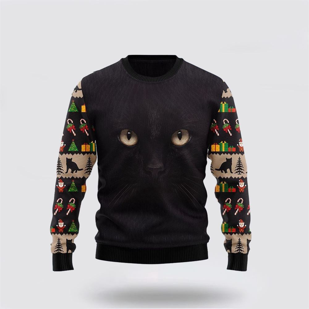 Black Cat Cute Face Ugly Christmas Sweater Unisex Funny Christmas Sweater
