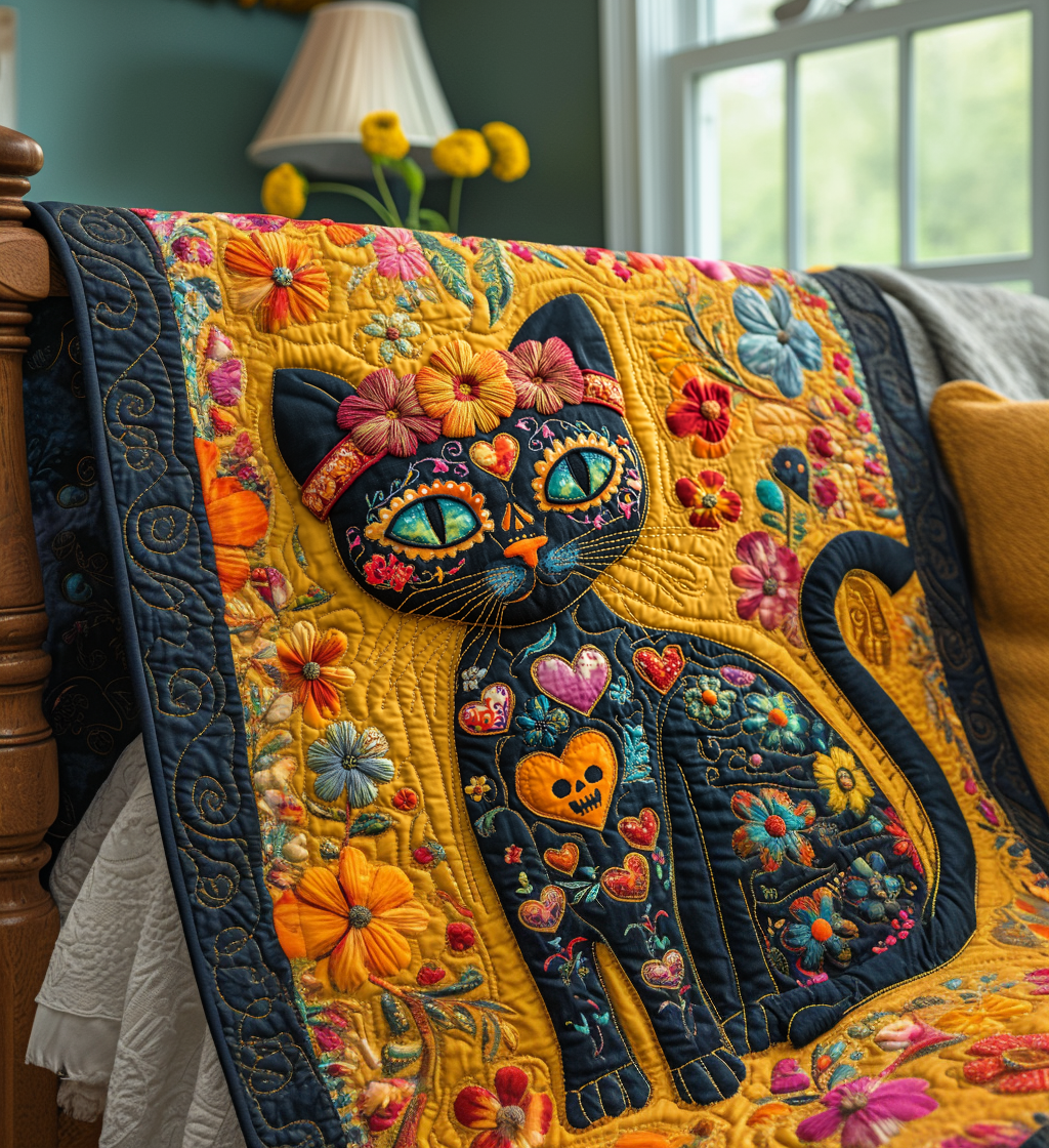 Black Cat Dia De Los Muertos Quilted Blanket Cat Christmas Gifts
