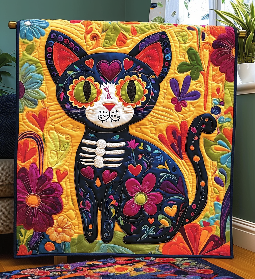 Black Cat Dia De Los Muertos Quilted Blanket Cat Christmas Gifts