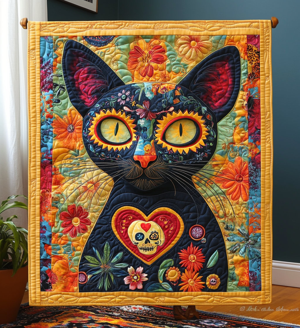 Black Cat Dia De Los Muertos Quilted Blanket Cat Christmas Gifts