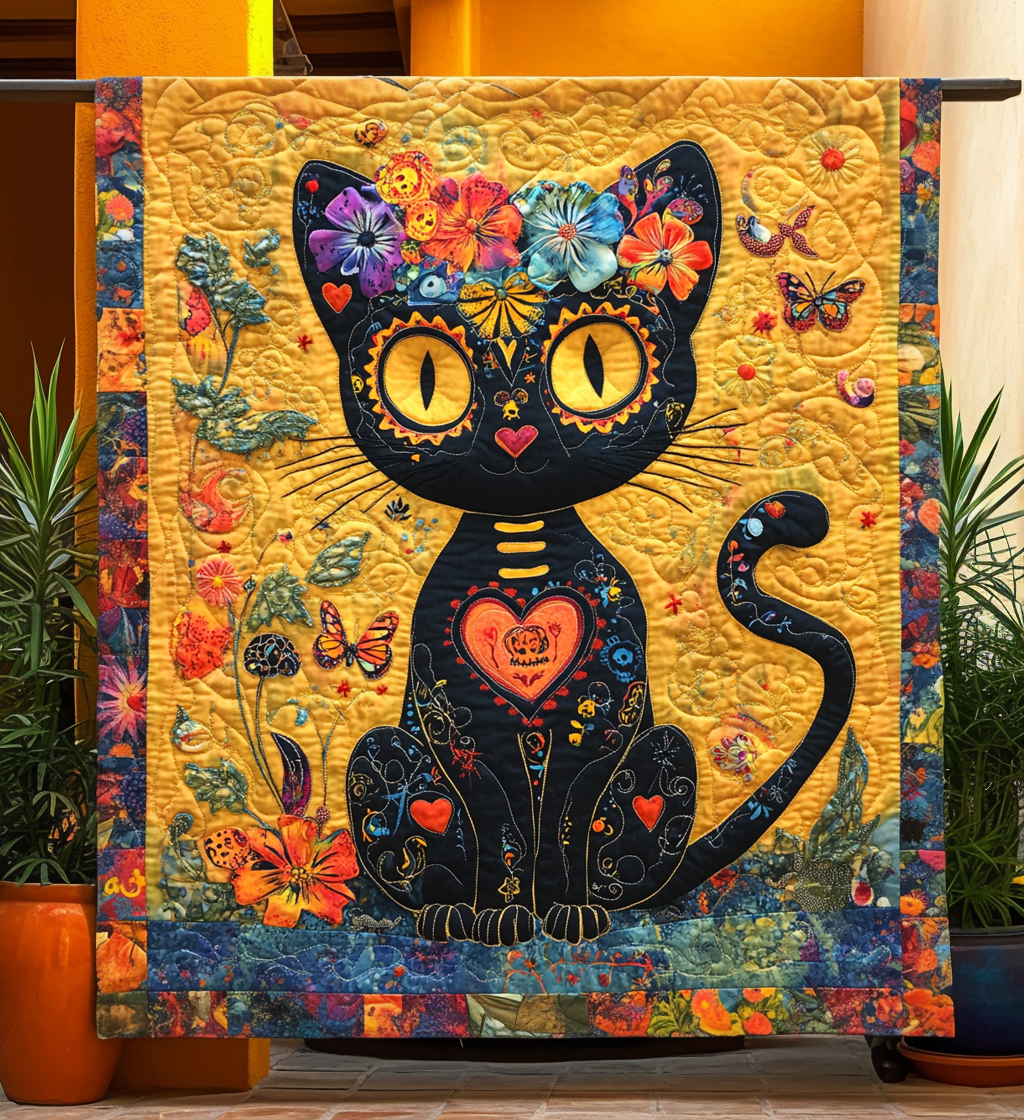 Black Cat Dia De Los Muertos Quilted Blanket Cat Christmas Gifts