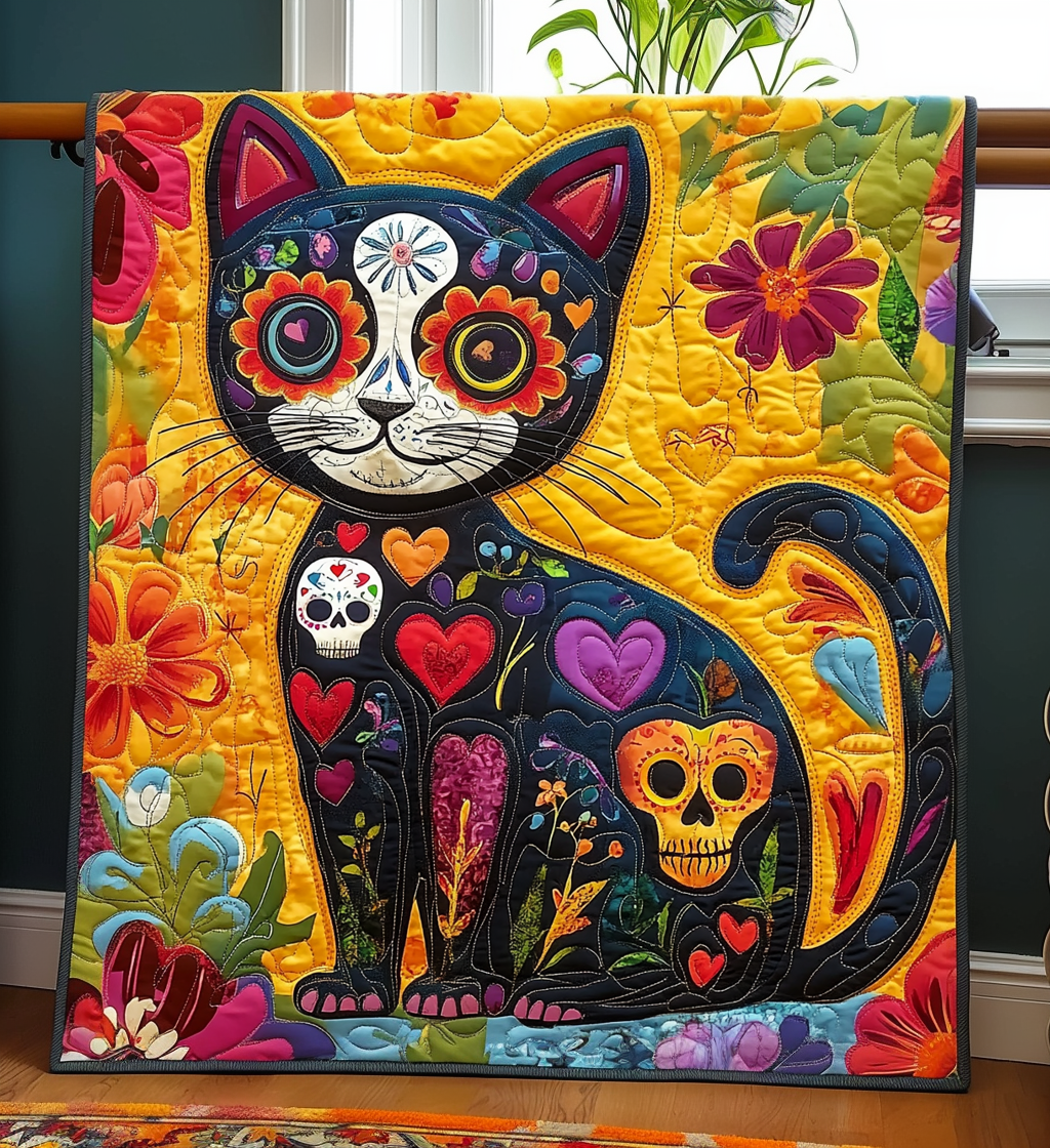 Black Cat Dia De Los Muertos Quilted Blanket Cat Christmas Gifts