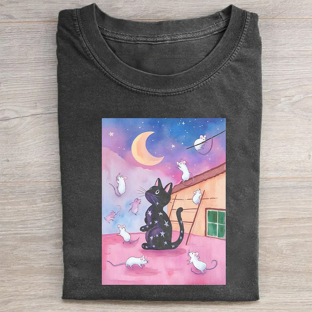 Black Cat Dreamy Sky Graphic T-Shirt Fantasy Cat Lover Tee For Men And Women