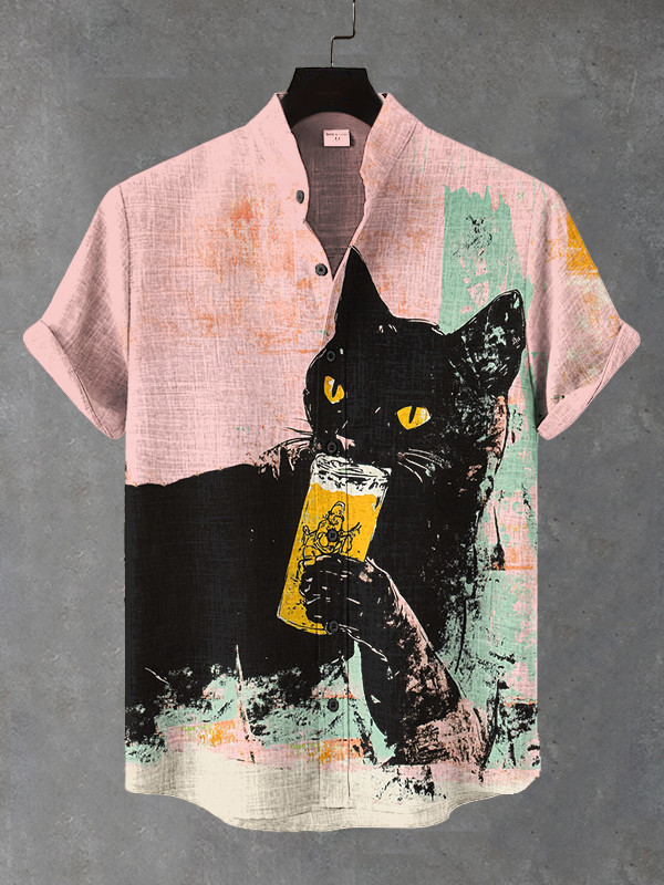 Black Cat Drinking Art Print Hawaiian Shirt Best Birthday Gift For Husband