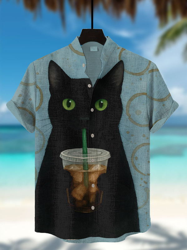 Black Cat Drinking Iced Americano Art Hawaiian Shirt Present For Husband